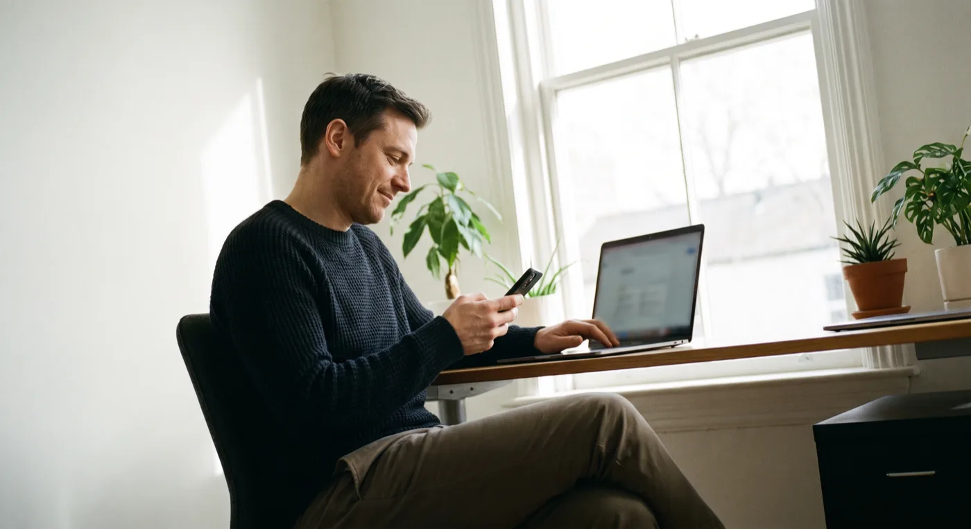Un dirigeant de petite entreprise consulte son téléphone à son bureau